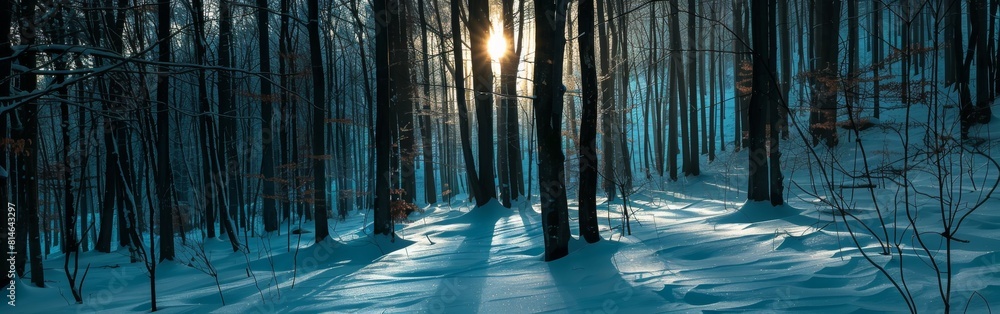 Aufkleber The suns rays pierce through the snowy branches of the trees, creating a dazzling display of light and shadows on the snow-covered ground.