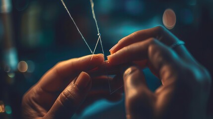 A close-up of a person's hands sewing a piece of fabric. The image is dimly lit and the focus is on the hands and the fabric.