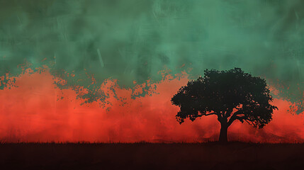 Juneteenth background with red green sky and silhouette of a tree 