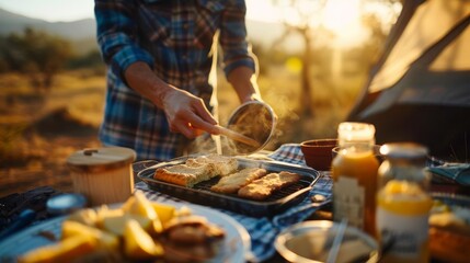 A man is cooking breakfast on a camp stove while camping. He is wearing a plaid shirt and the sun is rising in the background.