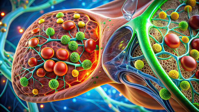 Close-up of hepatic lobules illustrating metabolic activities