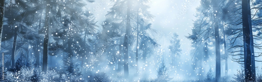 Aufkleber a snowy forest with trees covered in snow. the snow is falling and the sky is cloudy