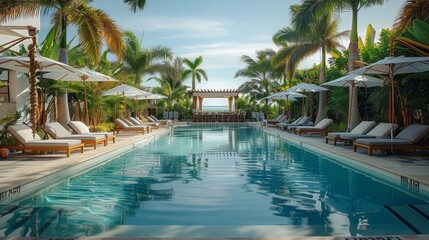 An outdoor pool bar is the focal point of long pool in the Beach. luxury hotel pool. lush vegetation and very tall palm trees. Generative AI.