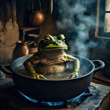 calm frog boiling in a steaming pot in a rustic kitchen. symbol of activity and passivity against social and political situations