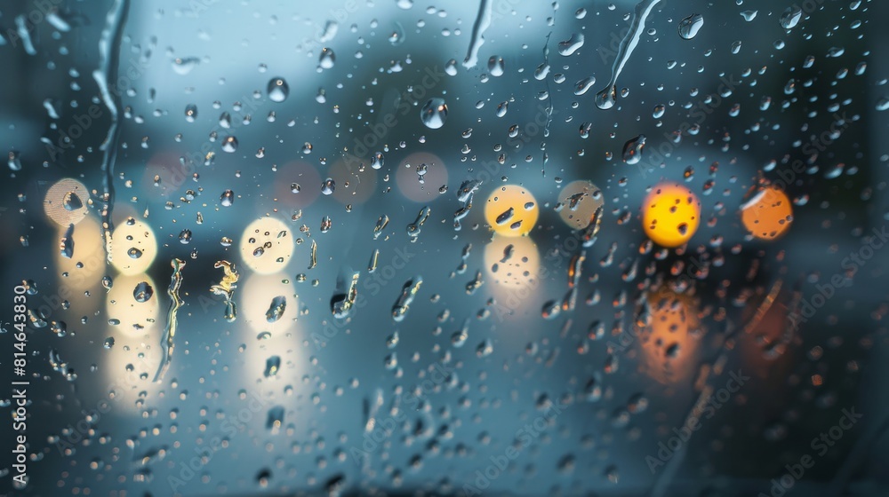 Aufkleber Rain drops are seen on the window of a car, creating a pattern of droplets. The glass reflects the surroundings, blurred by the rain, creating a moody atmosphere.