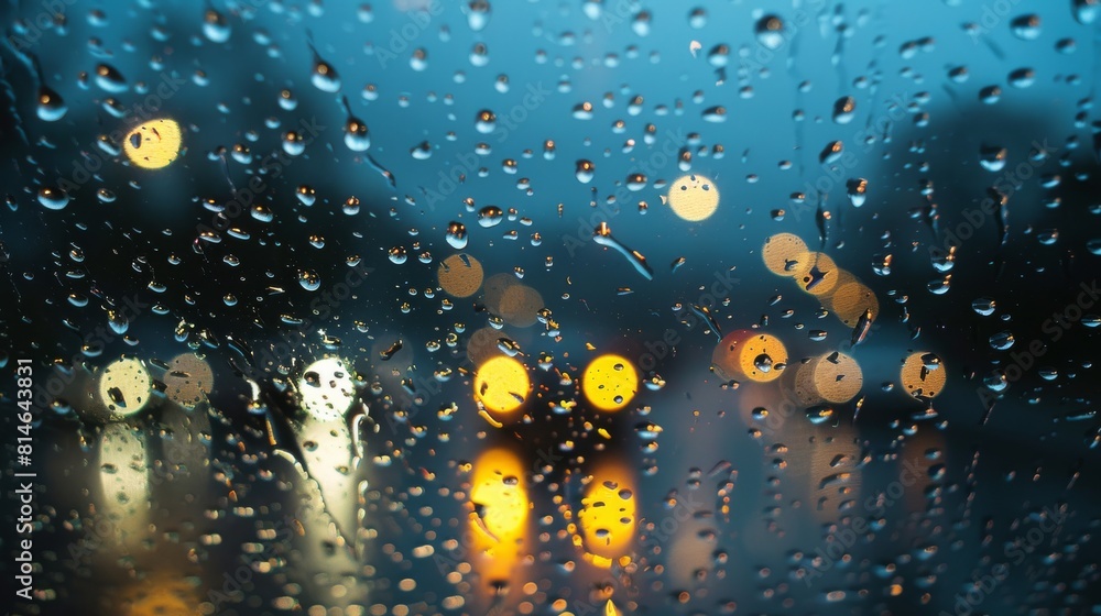 Aufkleber Rain drops are seen on the window of a car, creating a pattern of water droplets. The droplets are illuminated by the light, providing a unique view from inside the vehicle.