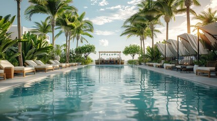 Obraz premium An outdoor pool bar is the focal point of long pool in the Beach. luxury hotel pool. lush vegetation and very tall palm trees. Generative AI.