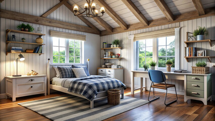 Naklejka premium Farmhouse interior design style boys room with exposed wooden beams