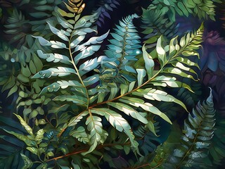 Create a holographic representation of a fern frond, abstracted into intricate geometric forms and patterns that mimic the delicate foliage and organic shapes of fern leaves.