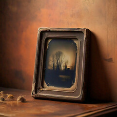 Old photo frame with a reflection trees  on a wooden table in the room 