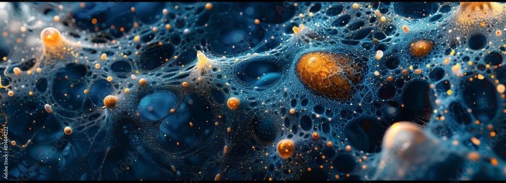 Poster a blue and orange swirl of bubbles with a lot of gold and orange in it. the bubbles are floating in 