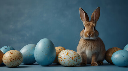 Easter bunny rabbit with blue painted egg on blue background. Easter holiday concept, Generative.AI
