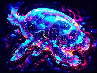 Visualize a holographic representation of a bioluminescent organism, abstracted into dynamic geometric forms and patterns that convey the mesmerizing glow and luminous beauty of deep-sea creatures.