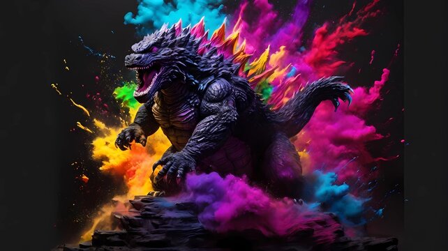 fantasy gozilla with color powder explosion background