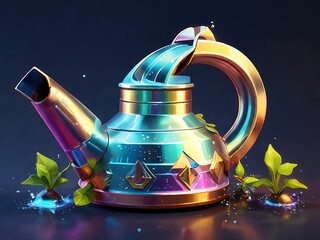 Generate a holographic representation of a watering can, abstracted into geometric shapes and patterns that convey the functional design and garden utility of this essential tool.