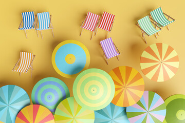 Colorful deck chairs and beach parasols of different patterns and colors on sand. Illustration of the concept of holidays, summer, tourism and relaxation