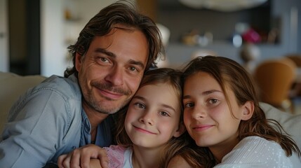 Obraz premium A man and two young girls are seated on a cozy couch, looking at the camera. The man has his arm around one of the girls, creating a warm and familial atmosphere.