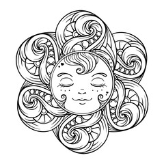 Black and white ornamental sun mandala coloring page.