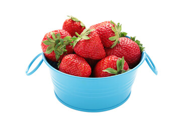 Red fresh strawberry in blue bowl isolated on white background