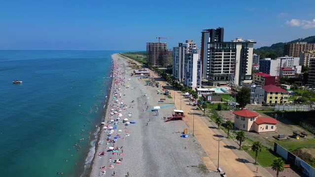 Drone footage of Gonio Beach and coastal buildings on the Black Sea coast in Gonio, Georgia
