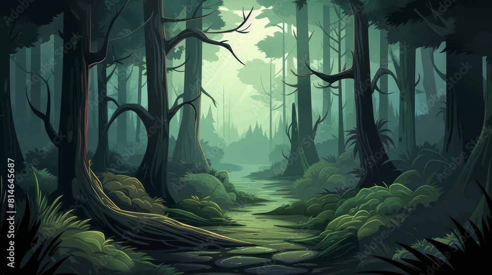 Poster generative ai a serene, mist-covered forest with tall trees and a hidden path. cartoon graphic