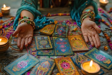 Naklejka premium A woman is sitting at a table with a deck of tarot cards and candles