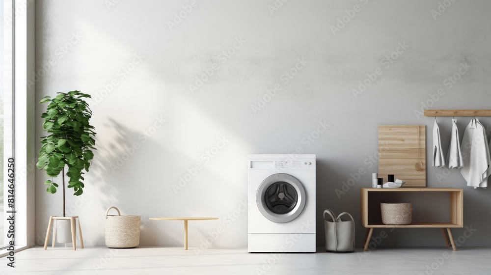 Poster generative ai a serene white room with a wall-mounted washing machine, emphasizing simplicity and fu