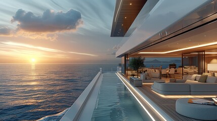 Fototapeta premium Luxurious boat terrace, Embrace boat elegant view on the sea. Immerse yourself in contemporary elegance with clean line, minimalist decor, luxurious finishes that exude sophistication. Generative AI.