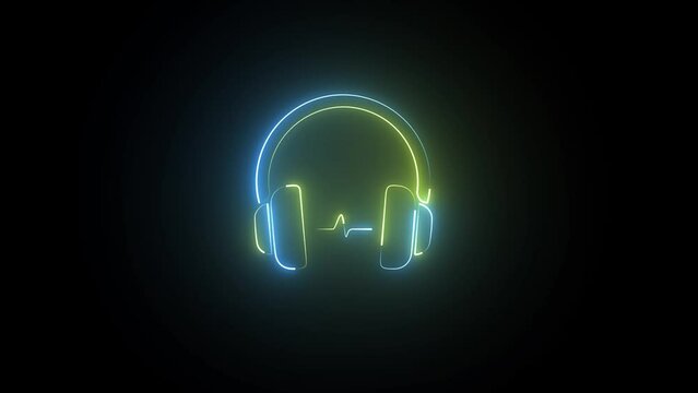 Neon headphones icon animation. Glowing neon headphones sign looped animation. Dj earphones, game headset, listen music and podcast, playlist.