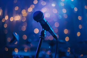 Close-up shot of microphone on stage surrounded by soft focus lights