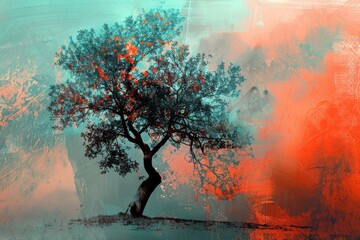 Digital artwork of a tree - abstract illustration in minimalist style with vibrant colors made with computer software