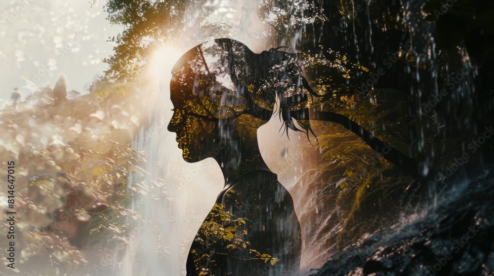 Poster a woman stands with her back to the camera, facing a beautiful waterfall. the cascading water create