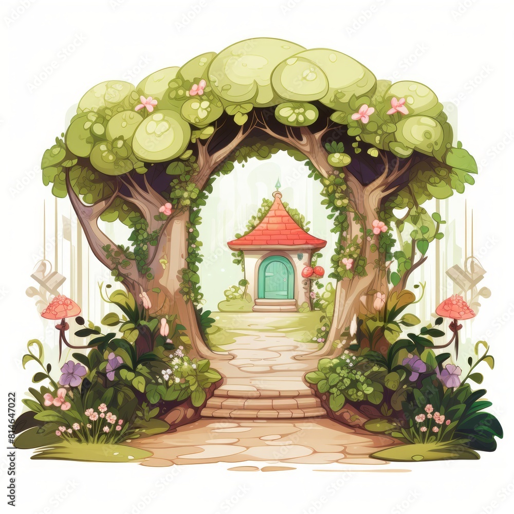 Poster generative ai a small fairytale dwelling featuring a charming arbor and a serene backyard.