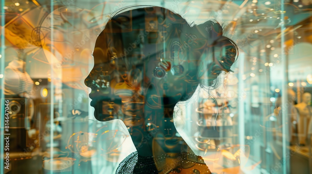 Poster The reflection of a womans face can be seen in a glass case, creating a striking visual effect. The glass distorts her features slightly, adding a unique twist to the portrait.