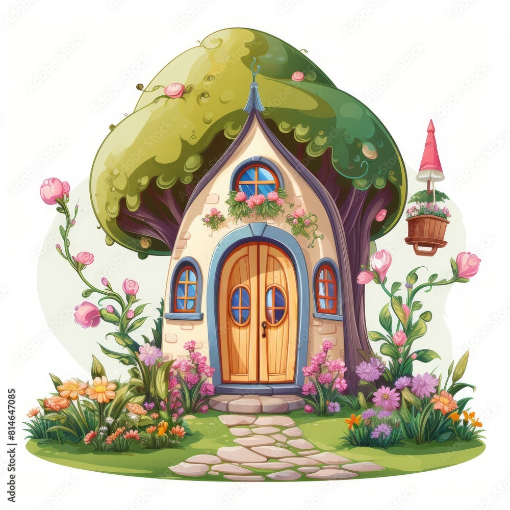 Poster generative ai a small fairytale dwelling featuring a charming arbor and a serene backyard.