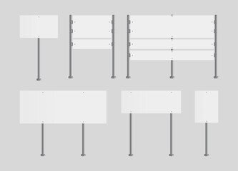 Realistic Blank Signboards on Roads. White Blank Boards and Traffic Road Signs. Vector Illustration