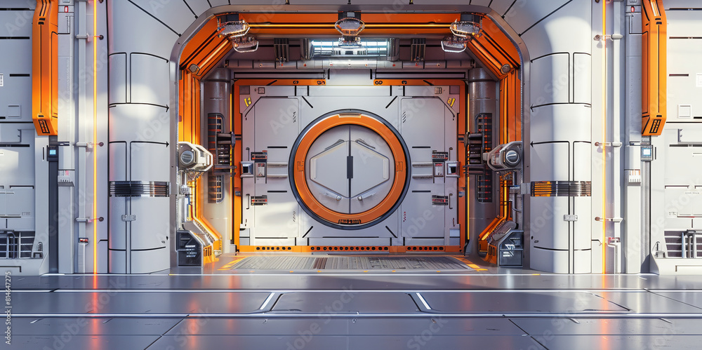 Poster industrial sci-fi door with a strong structure of hinges and cables and a retractable metallic gate 