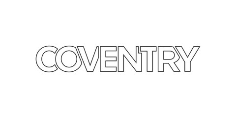 Coventry city in the United Kingdom design features a geometric style illustration with bold typography in a modern font on white background.