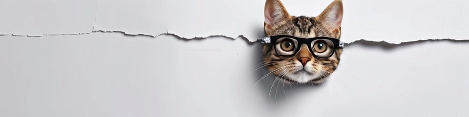 A cute cat looks through a ripped hole, a white paper background, and wearing glasses comes out...