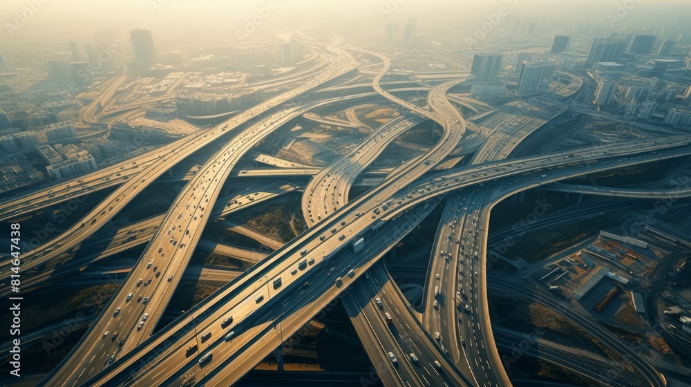 Poster Generative AI High-altitude shots displaying a highway interchange during rush hour, highlighting the movement of vehicles.