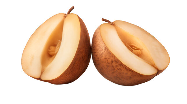 A halved sapodilla fruit with a transparent background.