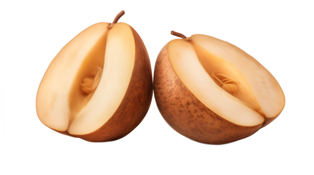 A halved sapodilla fruit with a transparent background.