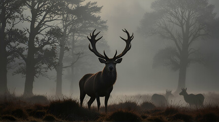 Red deer stag silhouette in the mist, Generative.AI
