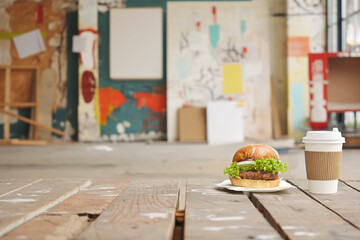 Fresh hamburger and take-away coffee cup sit on a wooden floor with paintings and art supplies in...