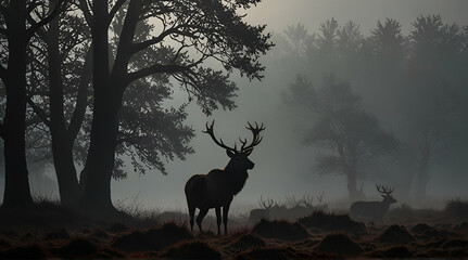 Red deer stag silhouette in the mist, Generative.AI
