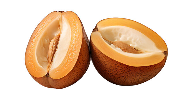 A halved sapodilla fruit with a transparent background.