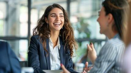 Obraz premium Three women engaged in a conversation at a table, discussing important business matters and exchanging ideas.
