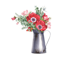 Bouquet of red anemones in a metal jug with eucalyptus St. John's wort and eryngium. Watercolor illustration. Flower arrangement with poppies and greenery in a vase. Spring cards, flower shops