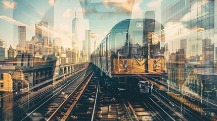 Vintage Train Double Exposure with Modern City Skyline