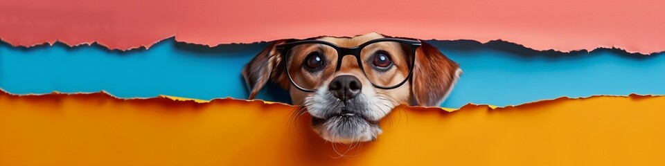 A cute dog looks through a ripped hole, a colorful paper background, and wearing glasses comes out tearing the colorful paper. Generated by AI